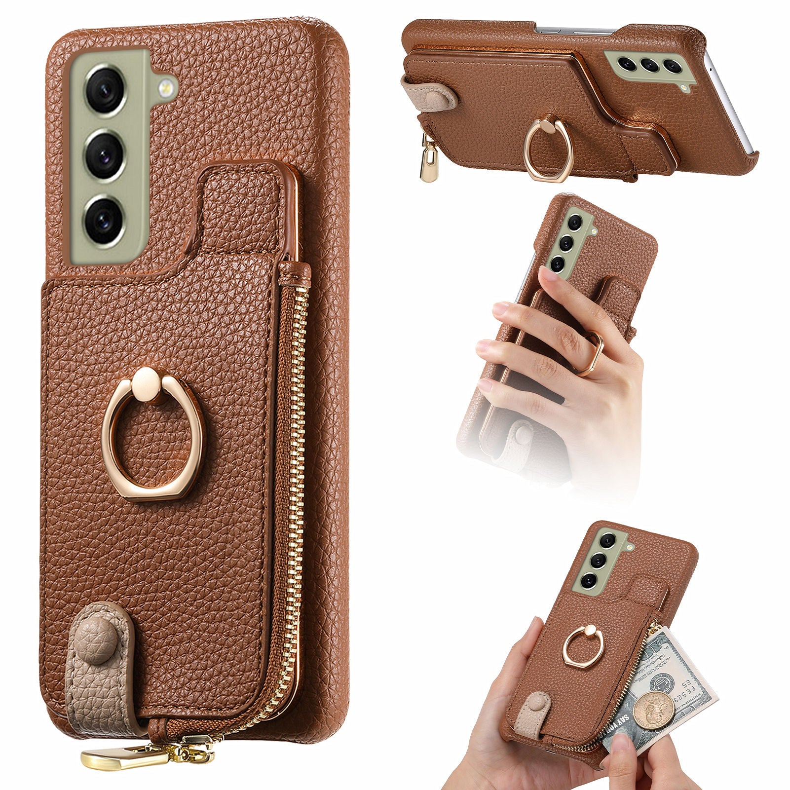 Y3 for Samsung Galaxy S21 FE 5G Drop-proof Case Ring Kickstand Leather Phone Cover with Zipper Pocket Y3 for Samsung Galaxy S21 FE 5G Drop-proof Case Ring Kickstand Leather Phone Cover with Zipper Pocket